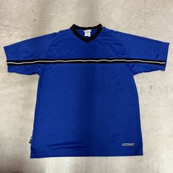 Vintage Reebok V-Neck Training Shirt Blue Black Stripe Mesh Men's Size XL