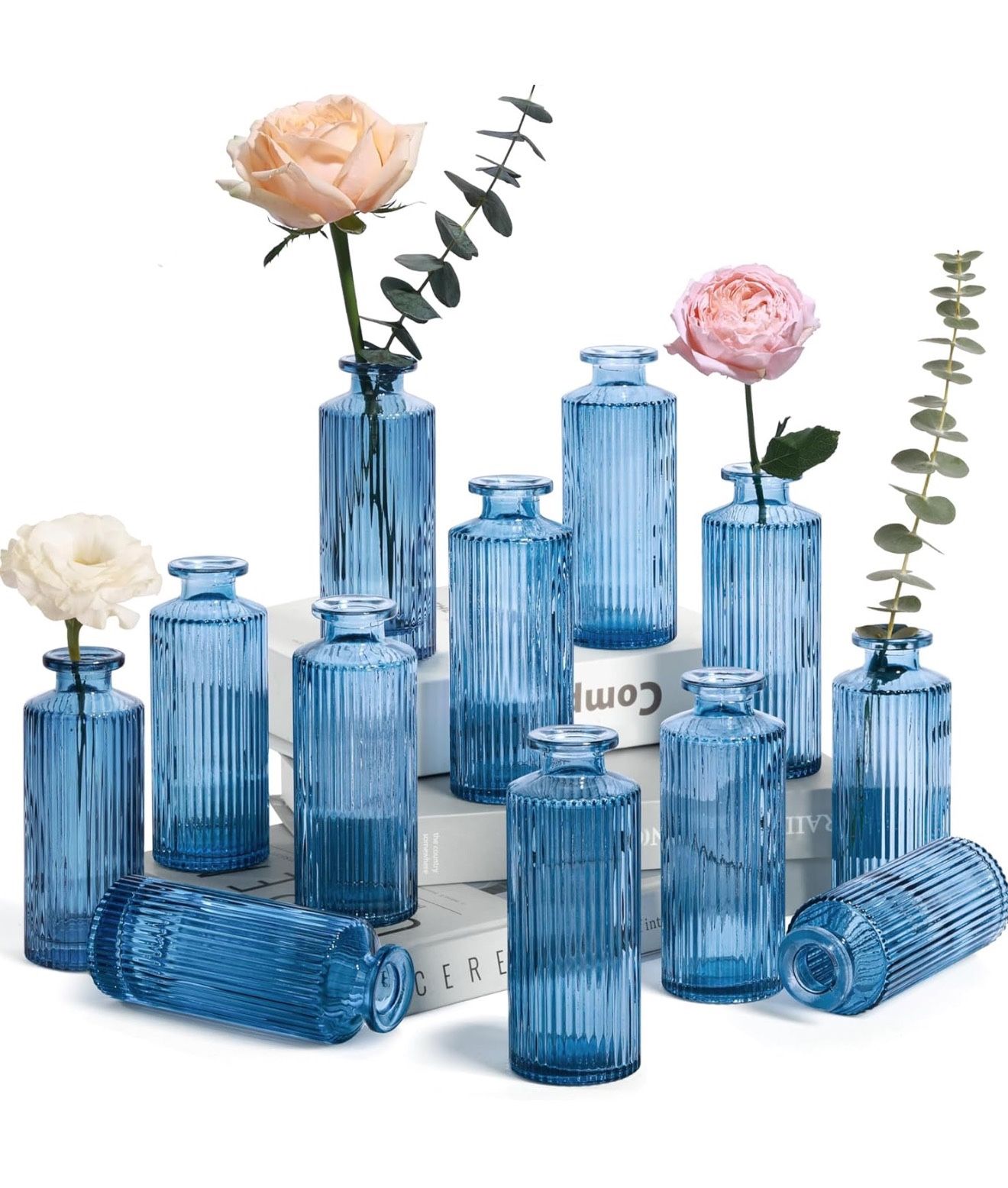 ComSaf Glass Bud Vases Set of 12, Small Bud Vase in Bulk, Mini Flower Vase for Centerpiece, Vintage Decorative Vase Set for Flowers (Grey Blue)