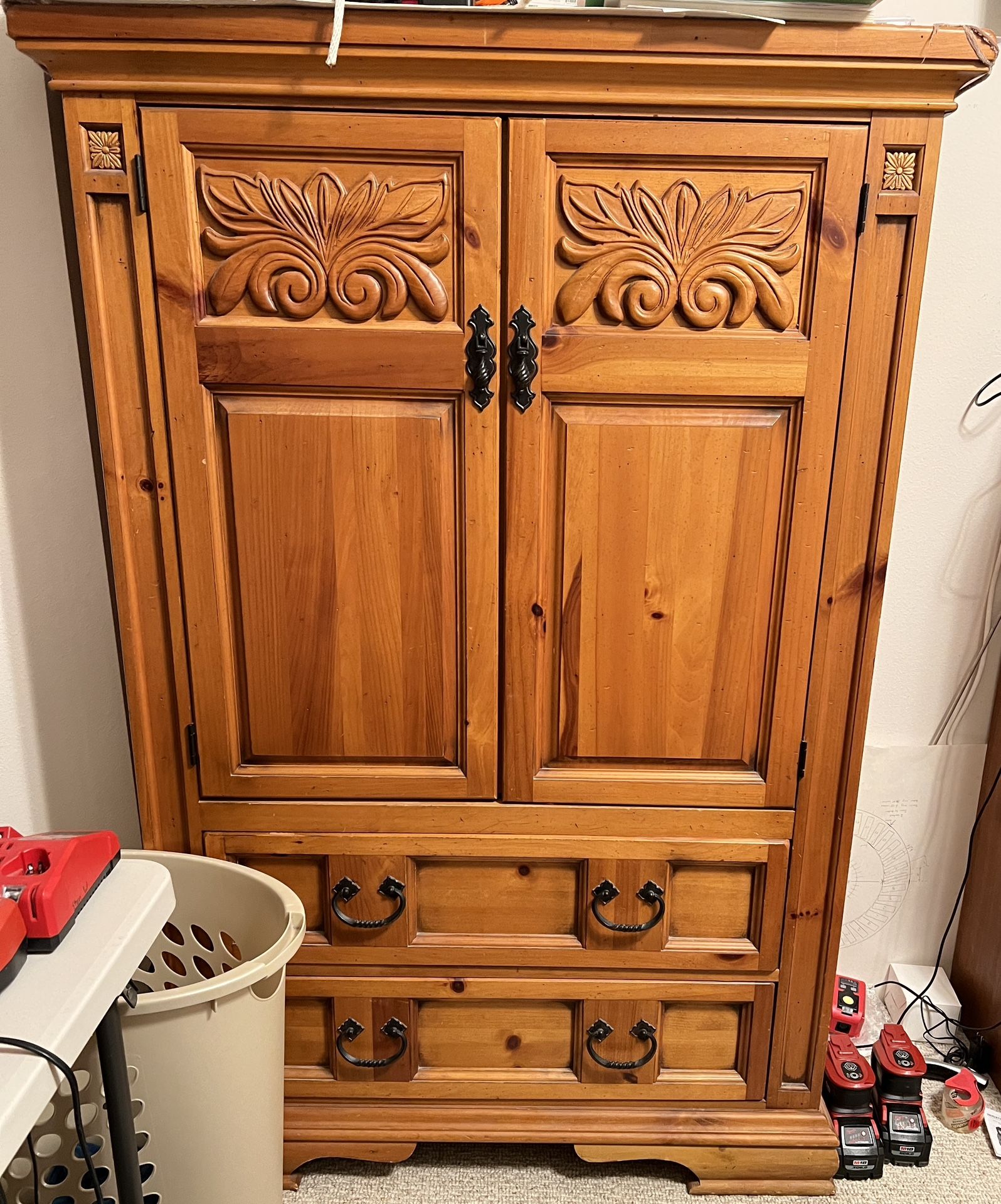 Wooden Armoire with Carved Design