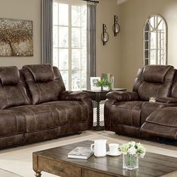Brand New Dark Brown Reclining Sofa & Love Seat With Storage Console