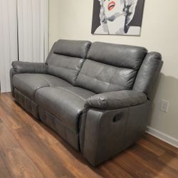 Gray Leather Manual Recliner Sofa