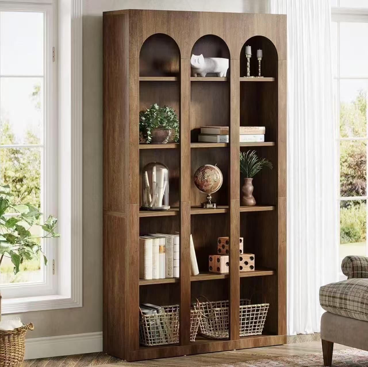RY0163 5-Tier Farmhouse Arched Bookshelf, 70.87-Inch Mid Century Modern Bookcase with Open Shelves, Tall Wood Book Shelf Vintage Display Storage Shelv