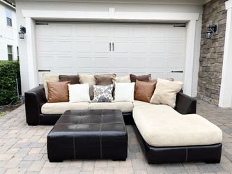 Leather & Cream Style Sofa+ Ottoman  Set 