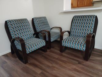 Three Vintage-style Armchairs with Dark-stained Bentwood Frames and Geometric Patterned Upholstery