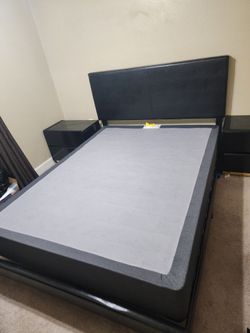 Queen Bed Frame with Box Spring and Bedside Tables