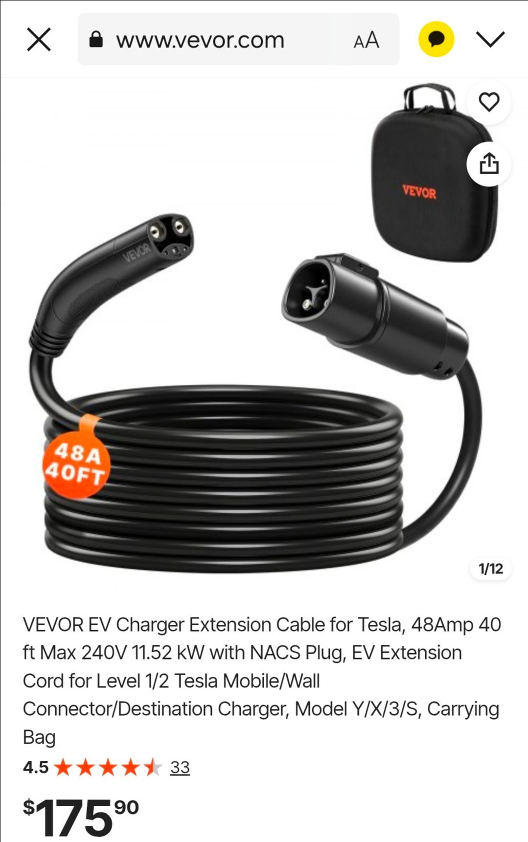 VEVOR EV Charger Extension Cable for Tesla, 48Amp 40 ft Max 240V 11.52 kW with NACS Plug, EV Extension Cord for Level 1/2 Tesla Mobile/Wall Connector/