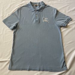 Burberry Polo Shirt Short Sleeve Top Button Front Men Large L Light Blue Logo