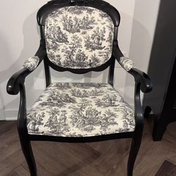 Elegant French Toile Accent Chair – Black Wood Frame, Carved Detail
