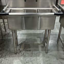 ChefAsst 36" CA-S3C101410-316 16-Gauge Stainless Steel Three Compartment Commercial Sink with Stainless Steel Legs and Cross Bracing - 10" x 14" x 10"