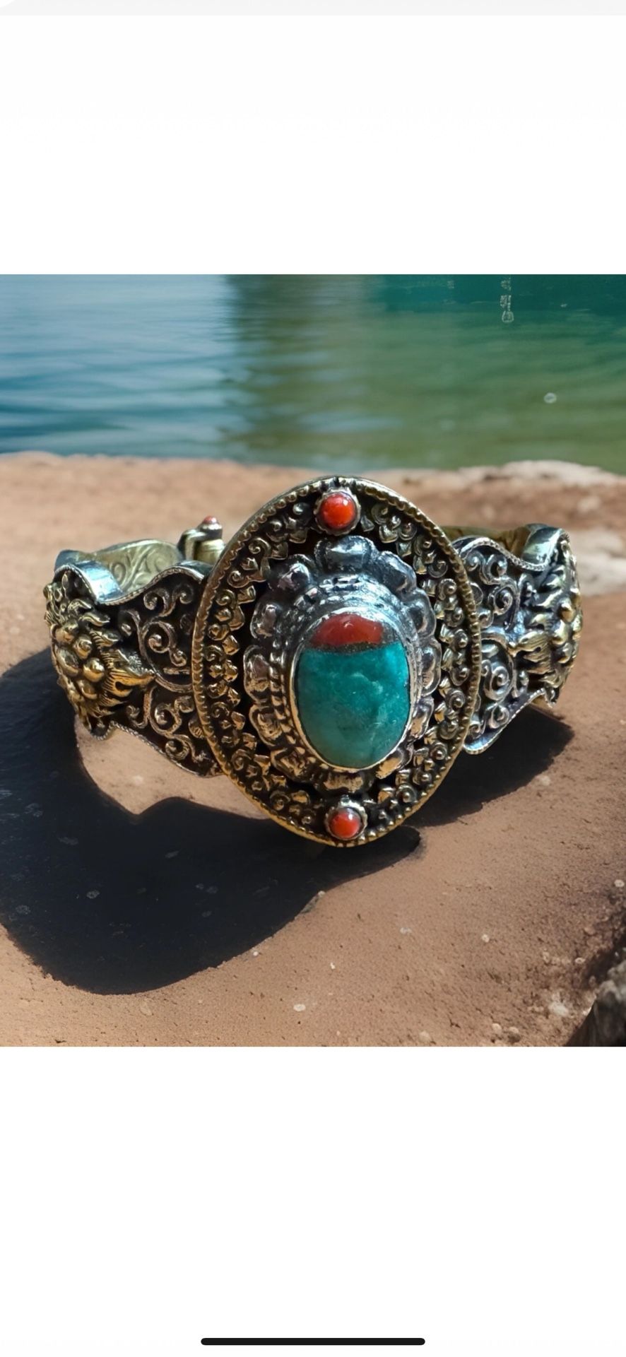 Stunning & Vintage Hand Carved Tibetan Auspicious Symbol & Floral Pattern Cuff Bracelet 75grams