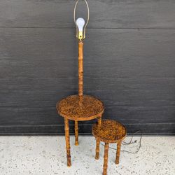Vintage Mid Century MCM Bamboo Side Table With Built In Lamp