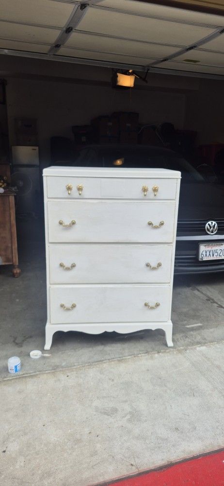 Antique Tall Boy Dresser Cameo White W Gold Hardware
