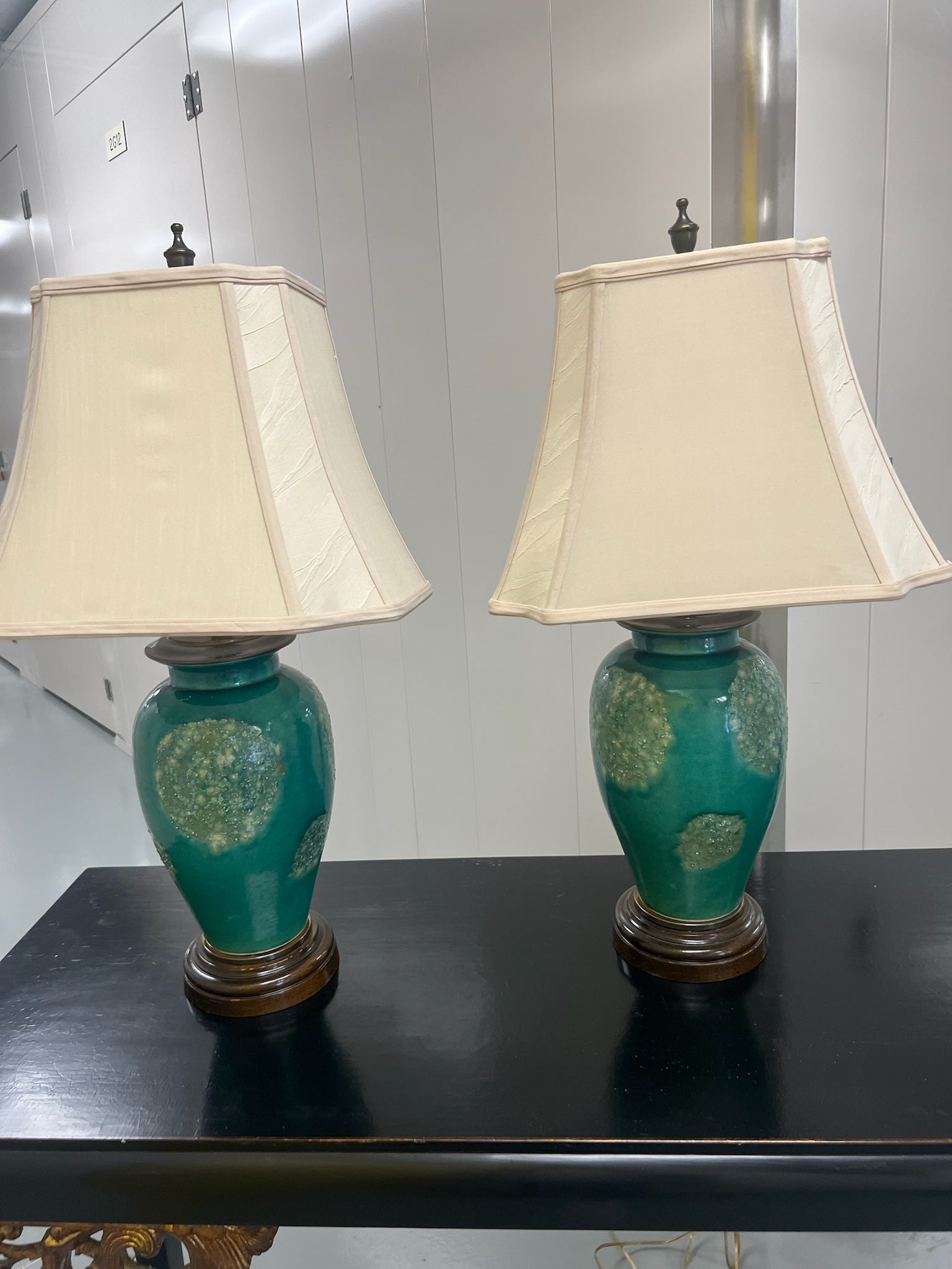 Pair of Vintage Lamps with Silk Shades By As You Like It Base is 7” x 29h Shade opening is 16 at bottom Smoke free household