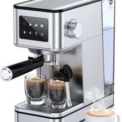 Espresso coffee machine with milk frother, 20 bar compact coffee maker with touch screen and 57.5 ounce removable water tank for the home, stainless s
