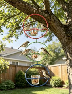 Glass bird feeder with a 360° perch ring; easy to hang, refill, and clean—a practical yet stylish choice for bird lovers and gardeners.