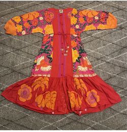 FARM Rio Sunset Patchwork Maxi Dress Dopamine Orange Yellow Beaded Size XS
