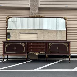FRENCH LOUIS XVI STYLE, MAHOGANY SIDEBOARD BUFFET CABINET WITH HUGE SIZE MIRROR