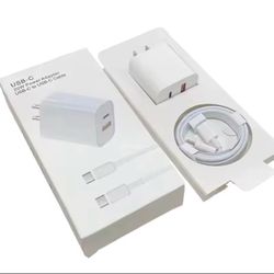 A fast charger with two USB and Type-C ports, comes with a cable.