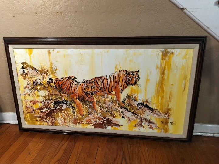 Mid Century Oversized Oil on Canvas "Tigers" Signed by Gregory Wells