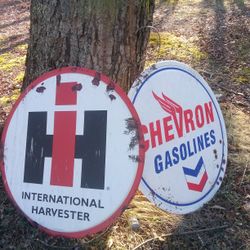 Large International Harvester Farm Metal Sign or Chevron Gasolines.