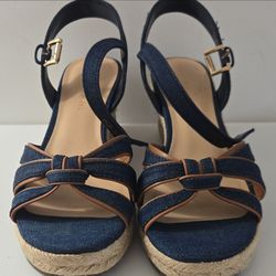 Tommy Hilfiger Women’s Blue Leather Espadrille Wedge Ankle Strap Sandals 8