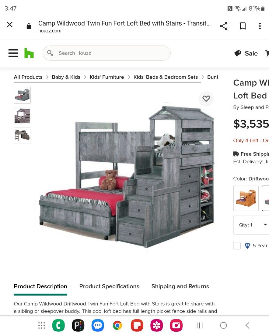 Camp Wildwood Twin Fun Fort Loft Bed with Stairs, Driftwood