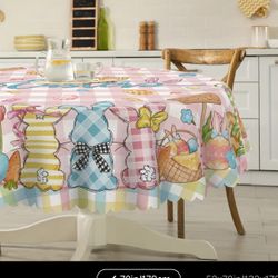 Easter Bunny and Eggs Polyester Tablecloth - Rectangular Machine Washable Table Cover with Floral and Plaid Print for Home, Kitchen, Living Room, Outd