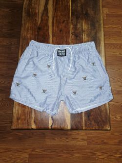 Dim Mak x One Piece Men's Jolly Roger Oxford Shorts In Blue & White. Size 2XL