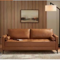 Goodwin 75.6 in. Square Arm Faux Leather Mid-Century Modern Sofa with Bolster Pillows in Caramel Brown
