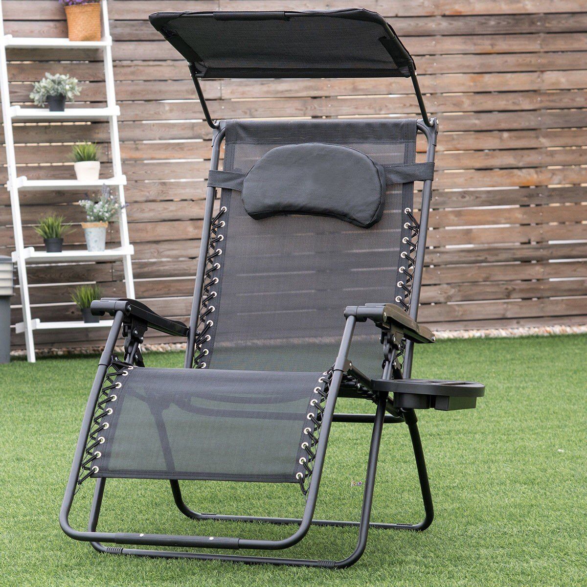 Folding Recliner Lounge Chair w/ Shade Canopy Cup Holder