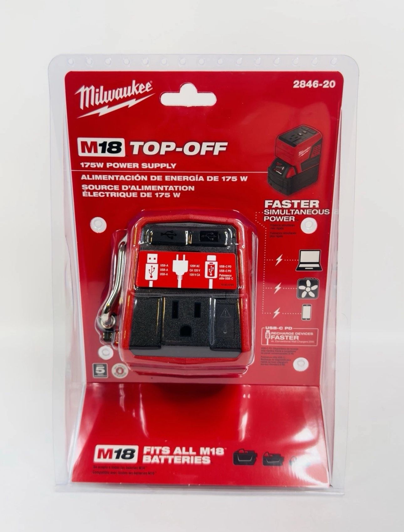 Milwaukee M18 2846-20 Top Off 175 Watt Power Supply USB 18V Outlet