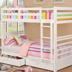 Brand New White Twin Size Bunk Bed w Trundle Drawers