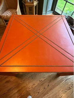 Leather-Wrapped Nailhead Coffee Table / Game Table – Burnt Orange