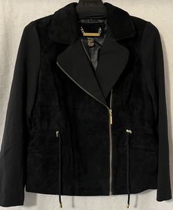 IMAN Global Chic Genuine Leather Moto Jacket Knit Sleeve & Scarf NWT XS