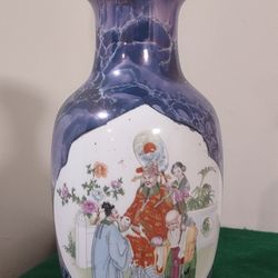 Vintage Chinese Asian Porcelain Vase Story People Family Wise  Elders Fishing 10”