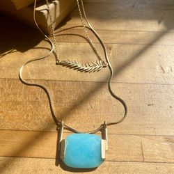 Layered Gold Necklace/Light Blue/Pendant Feather Pendant 