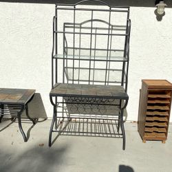 Bakers Rack Stone/glass And Matching Stone End Table 