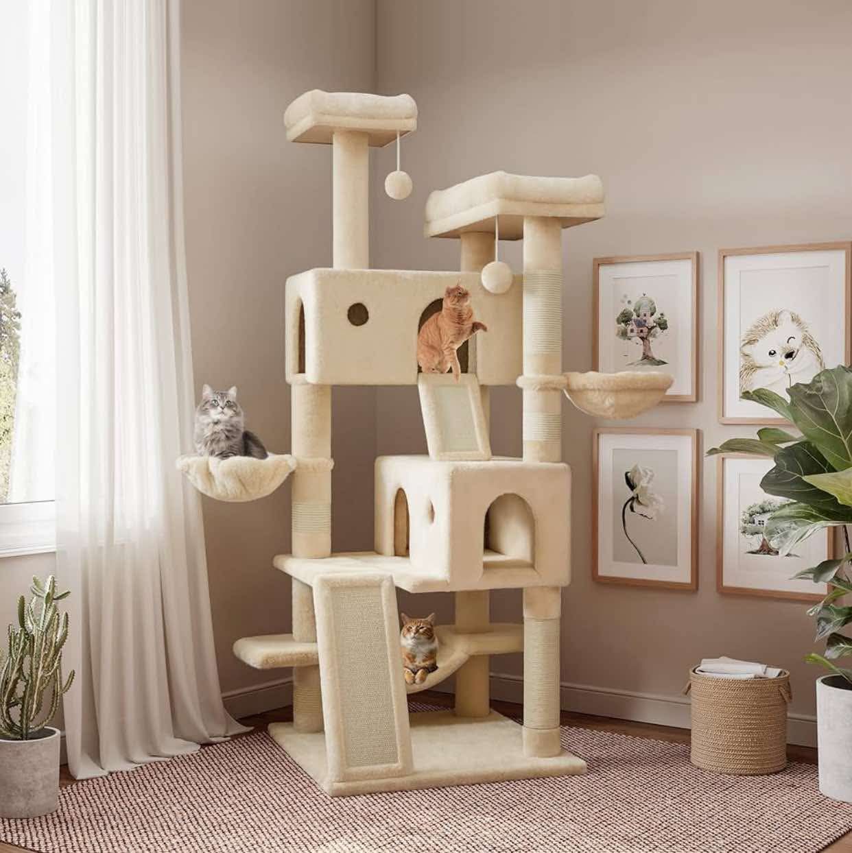 65in Larger Cat Tree Tower Condo for Indoor Kitties/Multi-Level Furniture Activity Center with Wide Base/Cozy Plush Cat Perches/Baskets/Sisal Scratchi