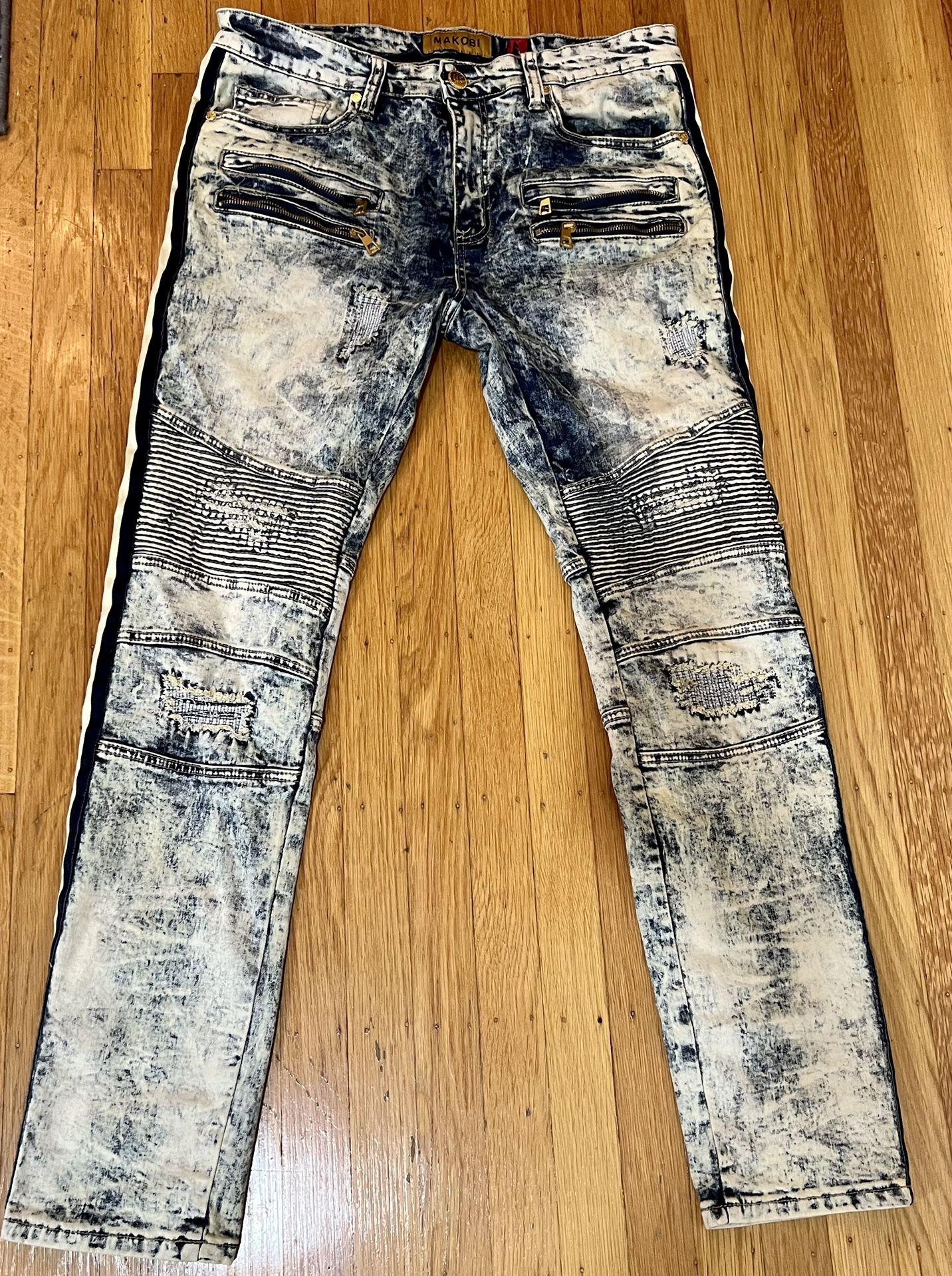 Makobi MK Denim 34x32 Mens Jeans Blue Distressed Side Stripe 7 Pocket M1792