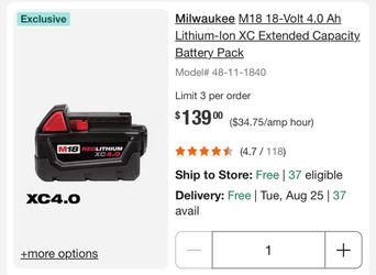 Milwaukee M18 18-Volt 4.0 Ah Lithium-Ion XC Extended Capacity Battery Pack