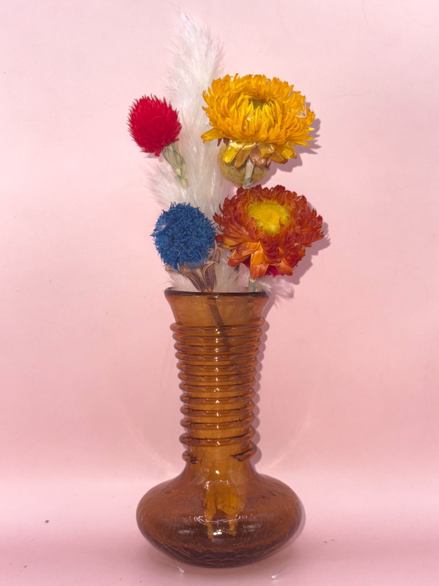 Emperor, crackle, glass bud vase with swirl running up neck, 4.25 inches tall