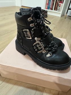 Black Lace-Up Combat Boots with Silver Buckles size 6 womens