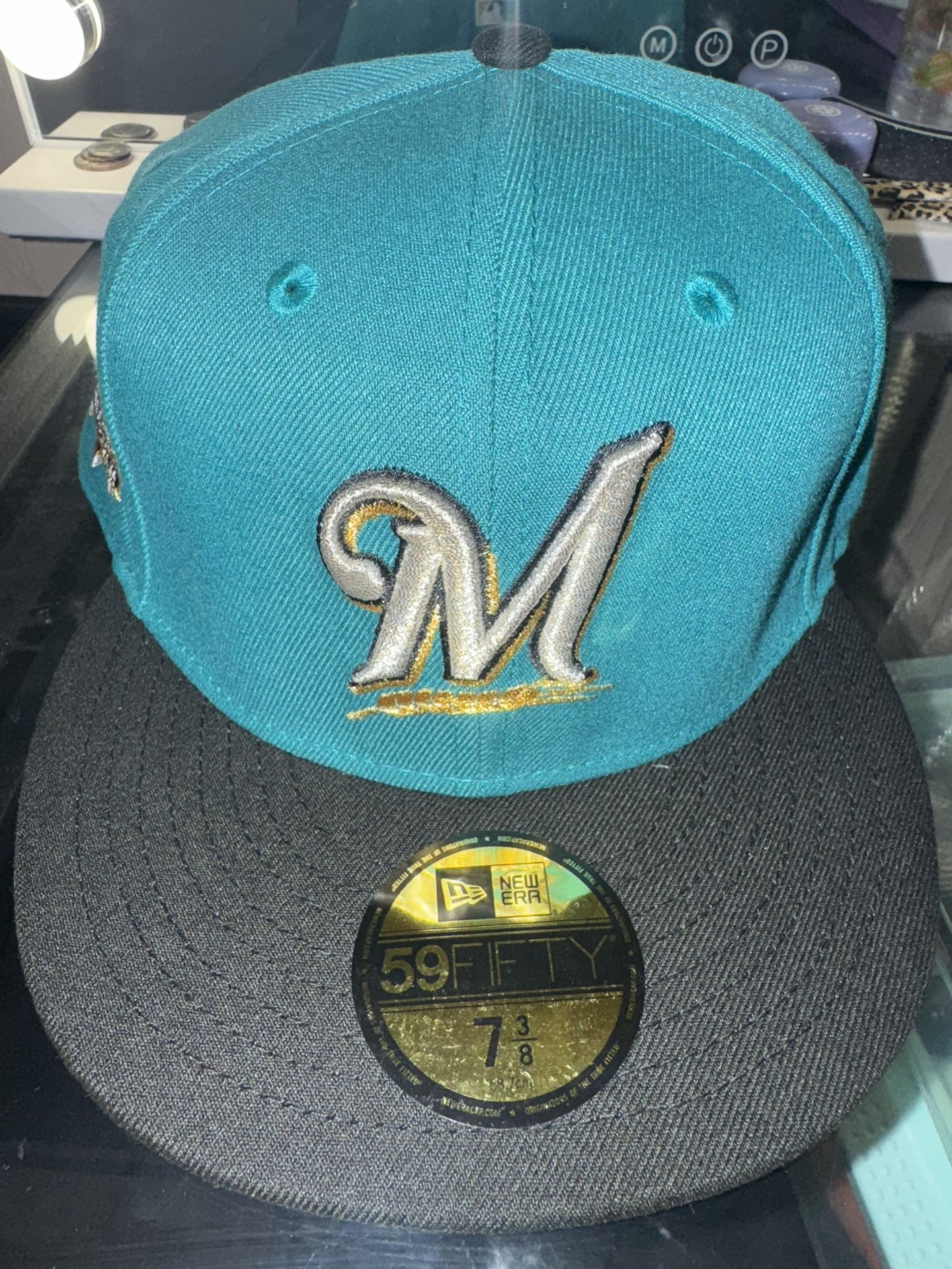 Milwaukee Brewers Teal Black Silver Metallic Men's 59FIFTY Fitted Hat 7 3/8 NEW