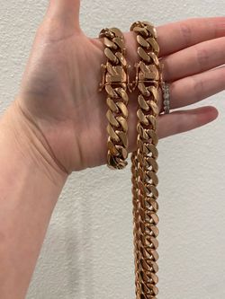 New 18k rose gold filled Cuban link chain and bracelet set