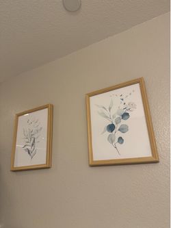 Set of 2 Botanical Wall Art Prints in Light Wood Frames - Blue Green Eucalyptus