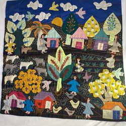 Arpillera Folk Art Peruvian Village signed Fatima Cuvamuna handmade