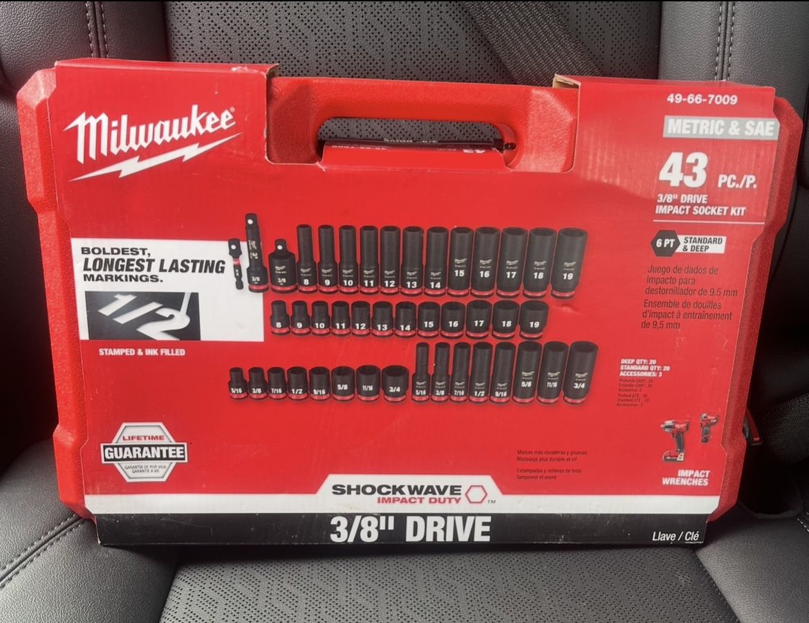 Milwaukee SHOCKWAVE 3/8 in. Drive SAE and Metric 6 Point Impact Socket Set (43-Piece) $149 plus tax at Home Depot Perfect for Father's Day gift