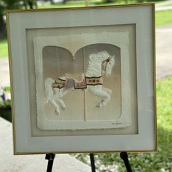 Wess Smith Paper Embossed Art Horse Carousel Gold Frame By Figi Graphics  20”X20” Great Condition 