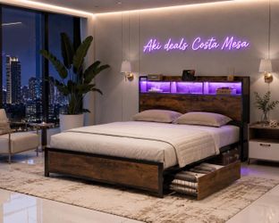 King Size Bed Frame with 2 Drawers Headboard and  Headboard with LED Lights, (King) K-5