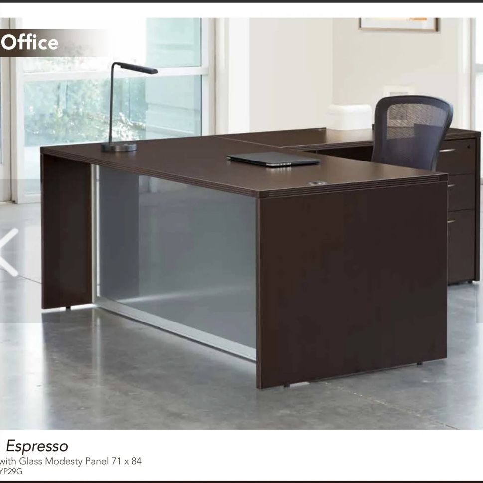 Brown L Shaped Desk With Glass Modesty And Pedestal